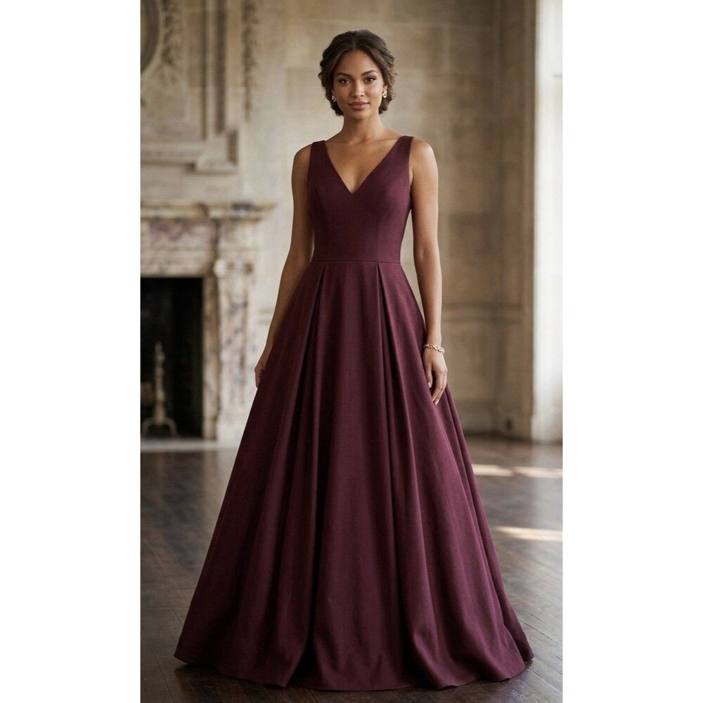 Burgundy V-Neck Fit & Flare Wedding Dress